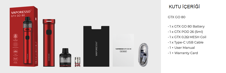 Vaporesso GTX GO 80 Pod Kit Kutu İçeriği